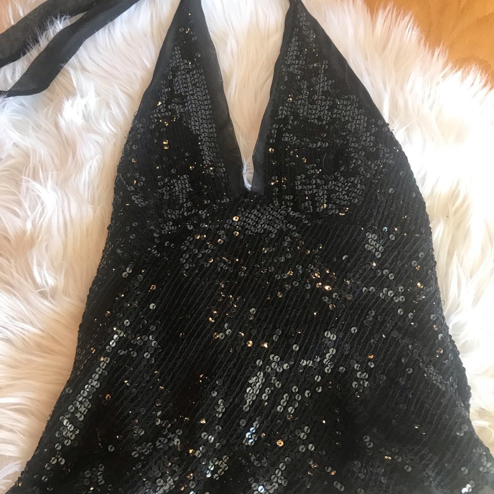 Laundry Black sequin/silk chiffon halter top XS
